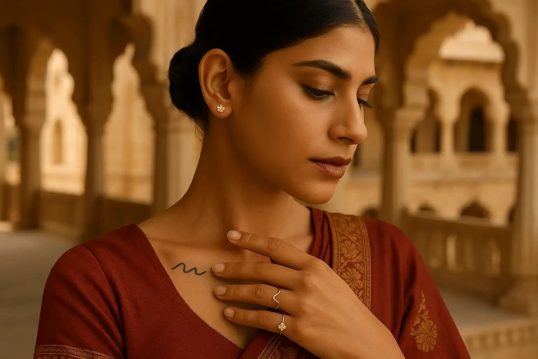 Woman in traditional oxidized Jewellery with a tattoo, standing in an architectural setting.