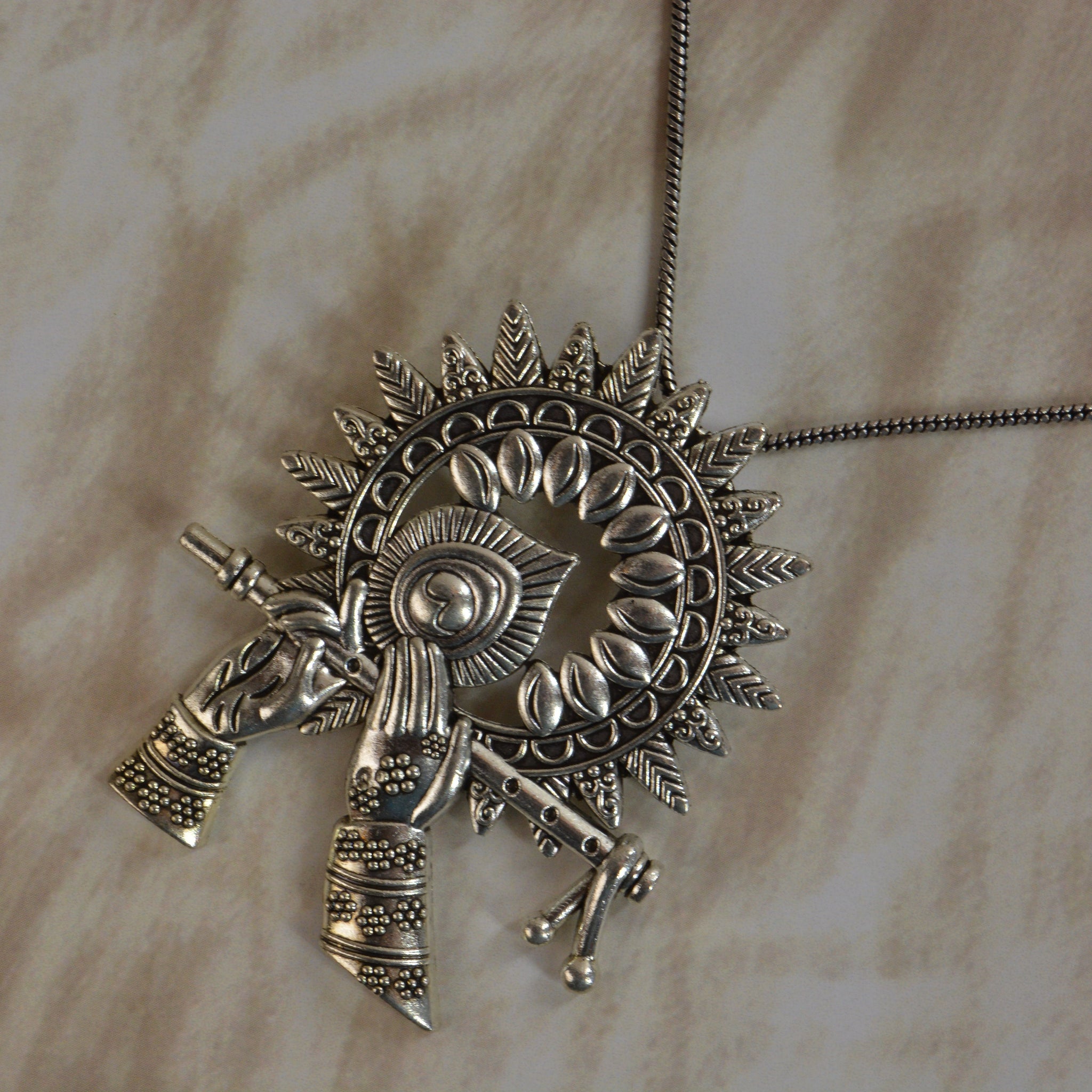 Oxidized German Silver Krishna Pendant With Chain